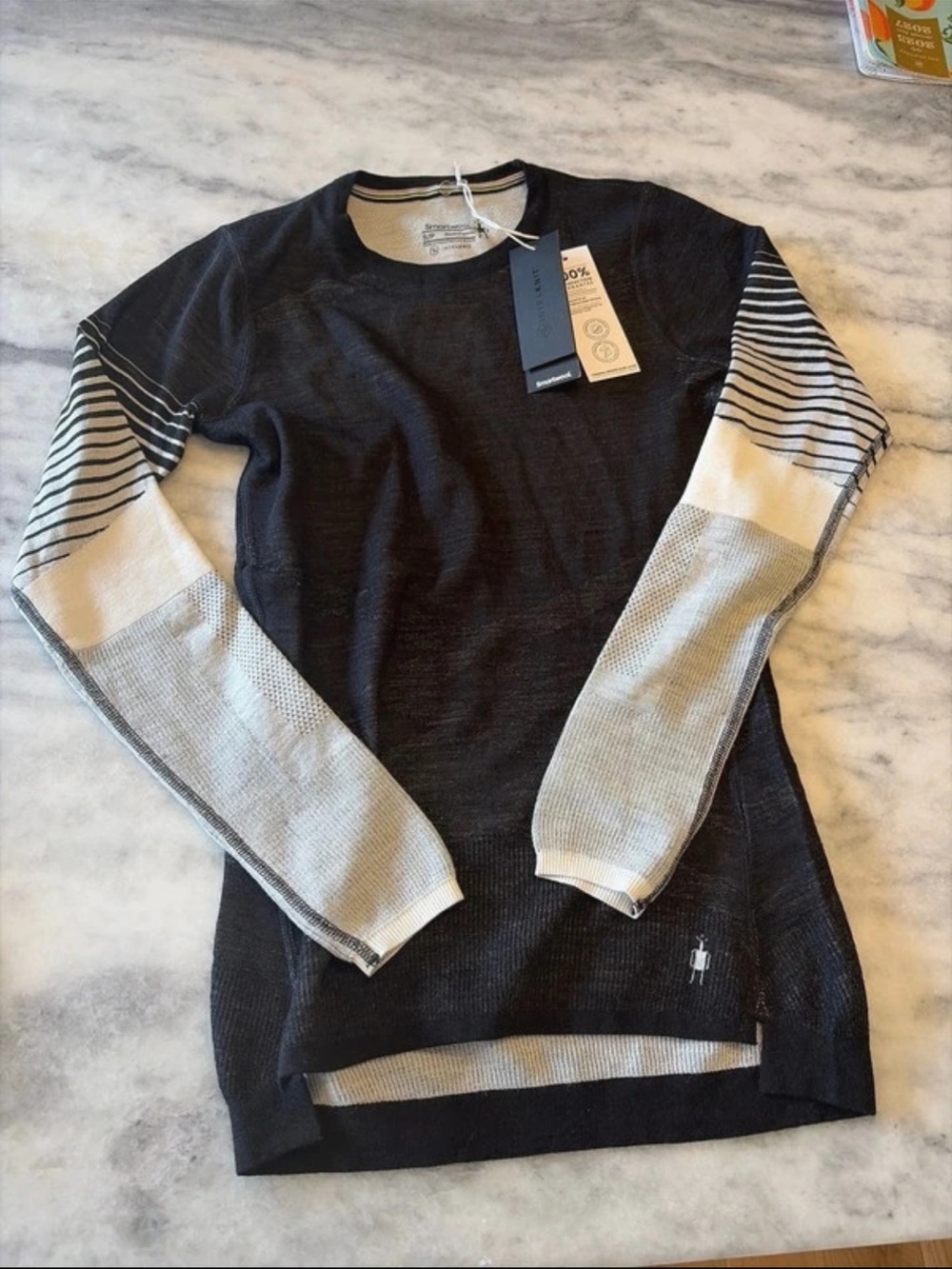 Smartwool Men's Black Crewneck Sweater with Gray and Cream Striped Sleeves